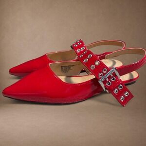 Red Patent Mary Jane Flats Pointed Toe Studded Buckle Slingback Shoes Size 8